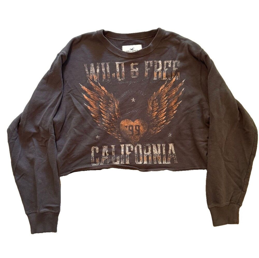 Hollister Sweatshirt Womens Small Black Cropped Raw Hem Wild & Free California